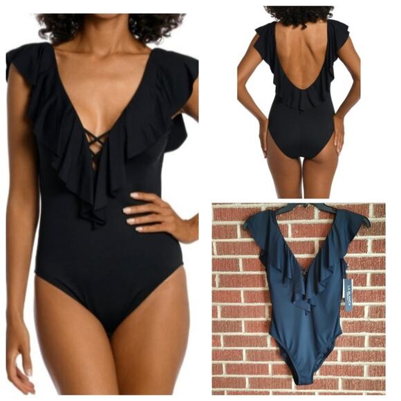La Blanca NWT Island Goddess Ruffle Plunge Black One-Piece Swimsuit Size 6 NEW - Picture 1 of 11